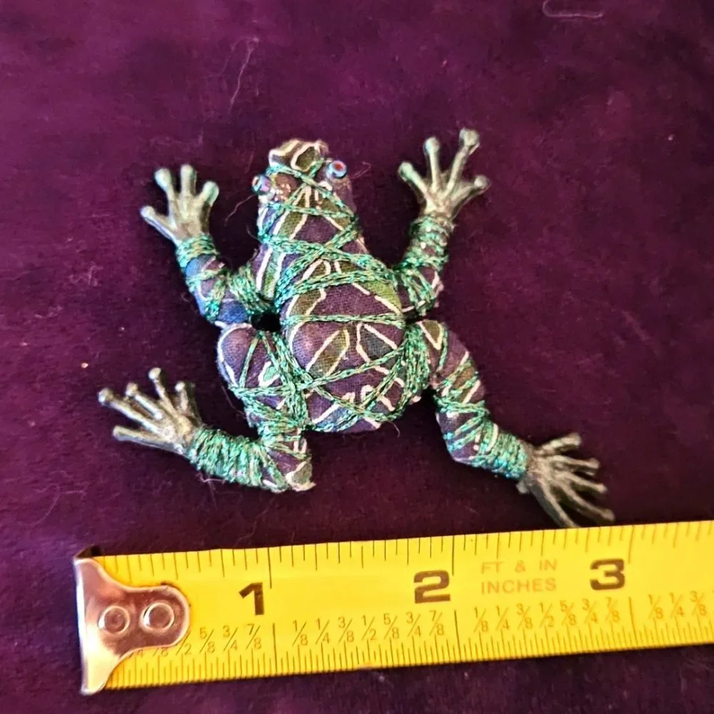Unique Fabric Frog Brooch pin with Green and Purple Accents